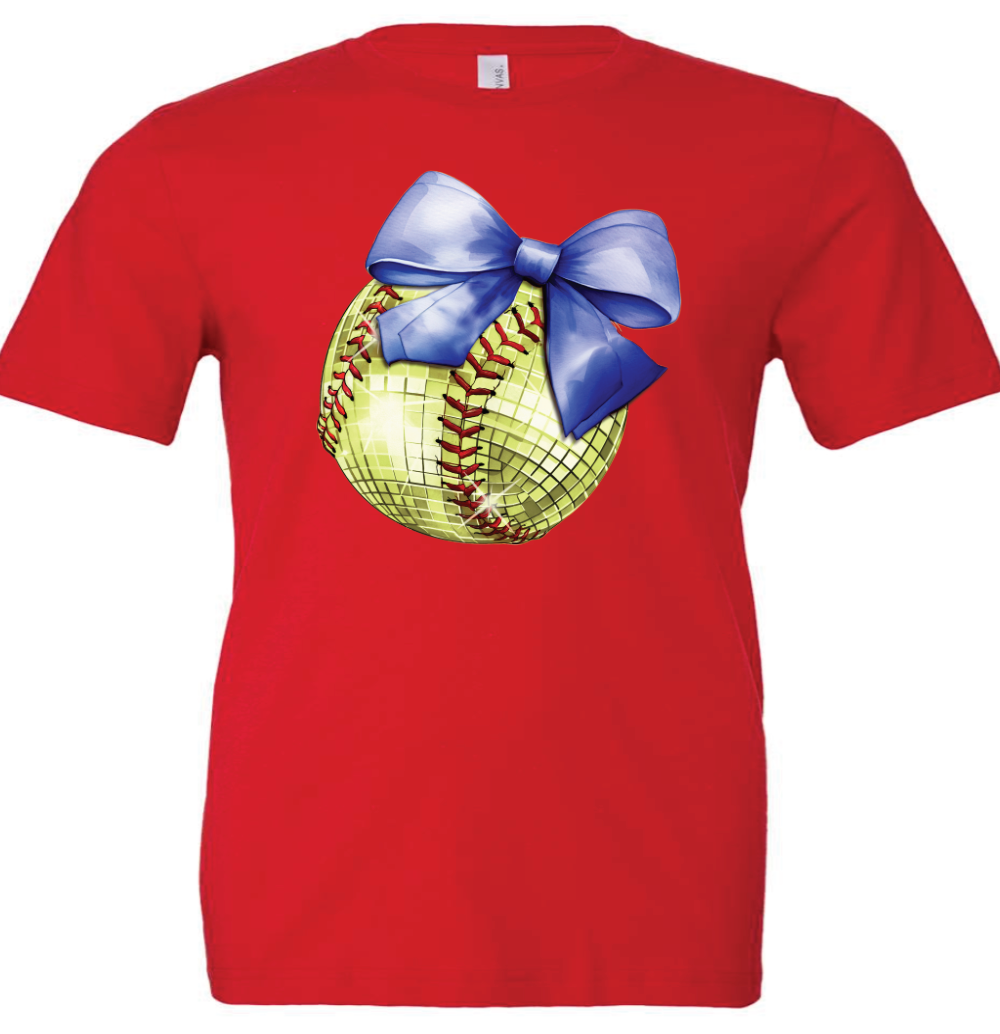Youth disco softball with blue bow