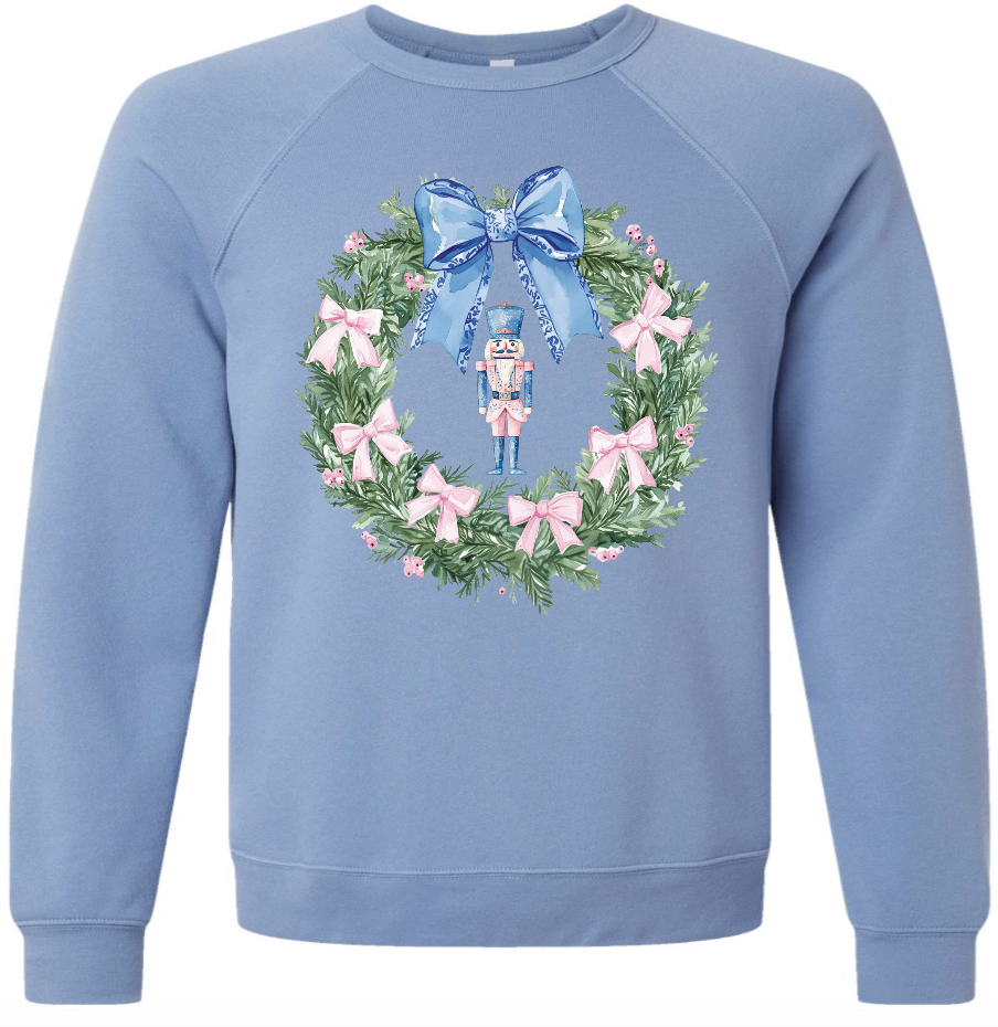 blue nutcracker wreath on light blue