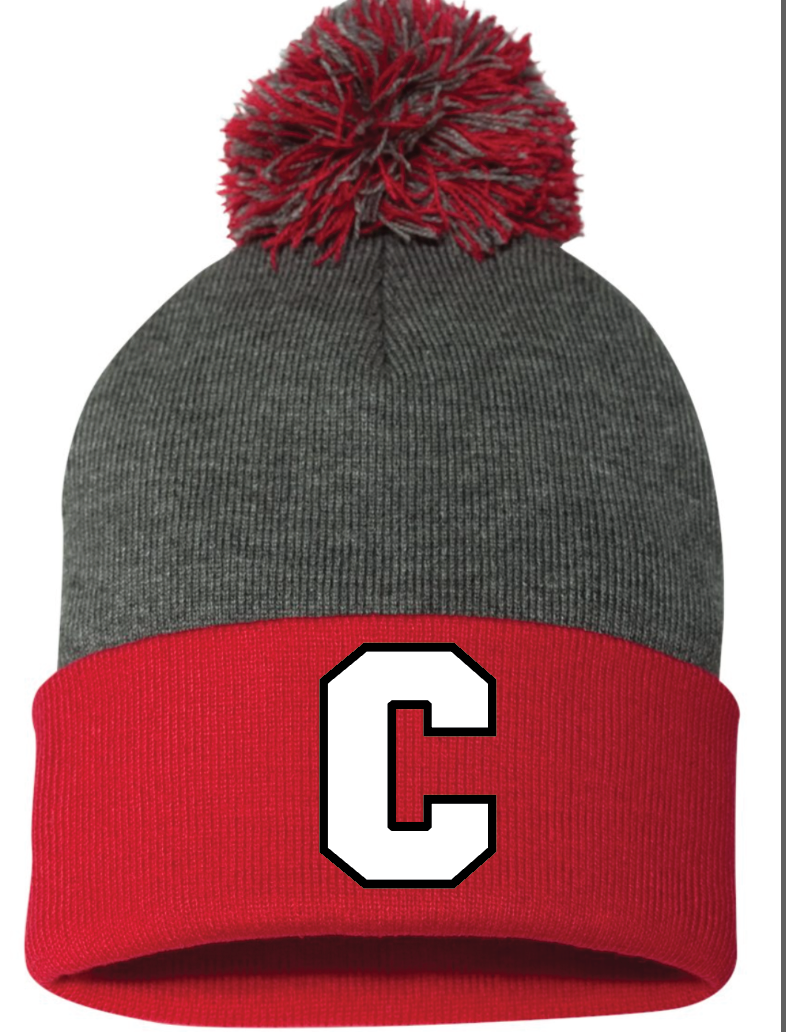 Red/Grey C pom pom beanie