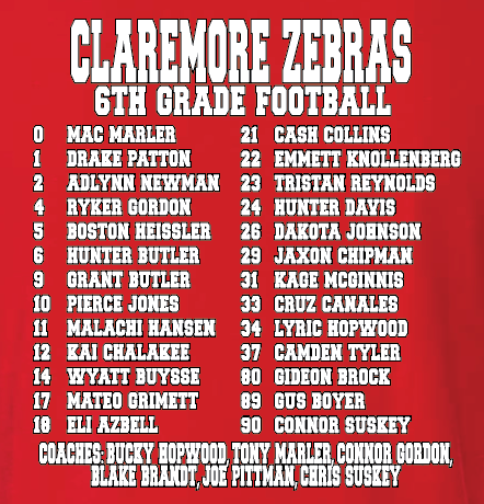 Adult Claremore 6th grade football lines tshirt