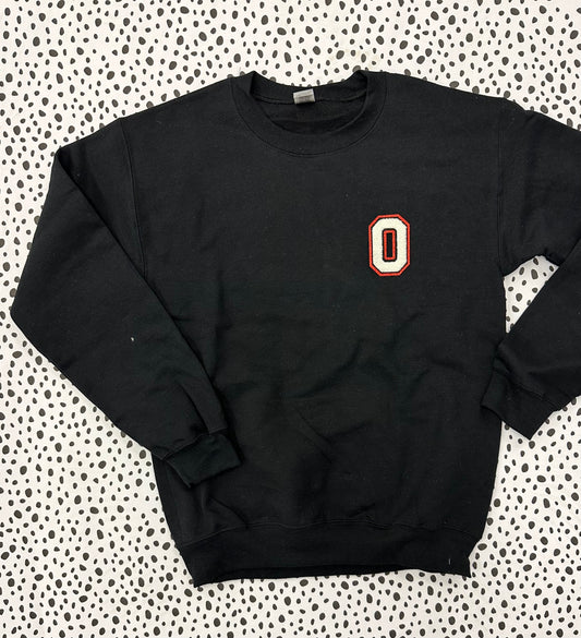 Black O chenille patch sweatshirt