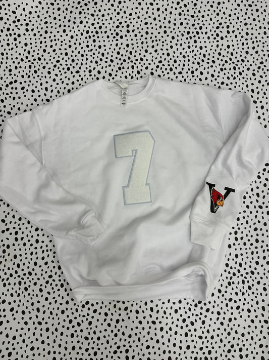 White on white number patch with mascot sleeve