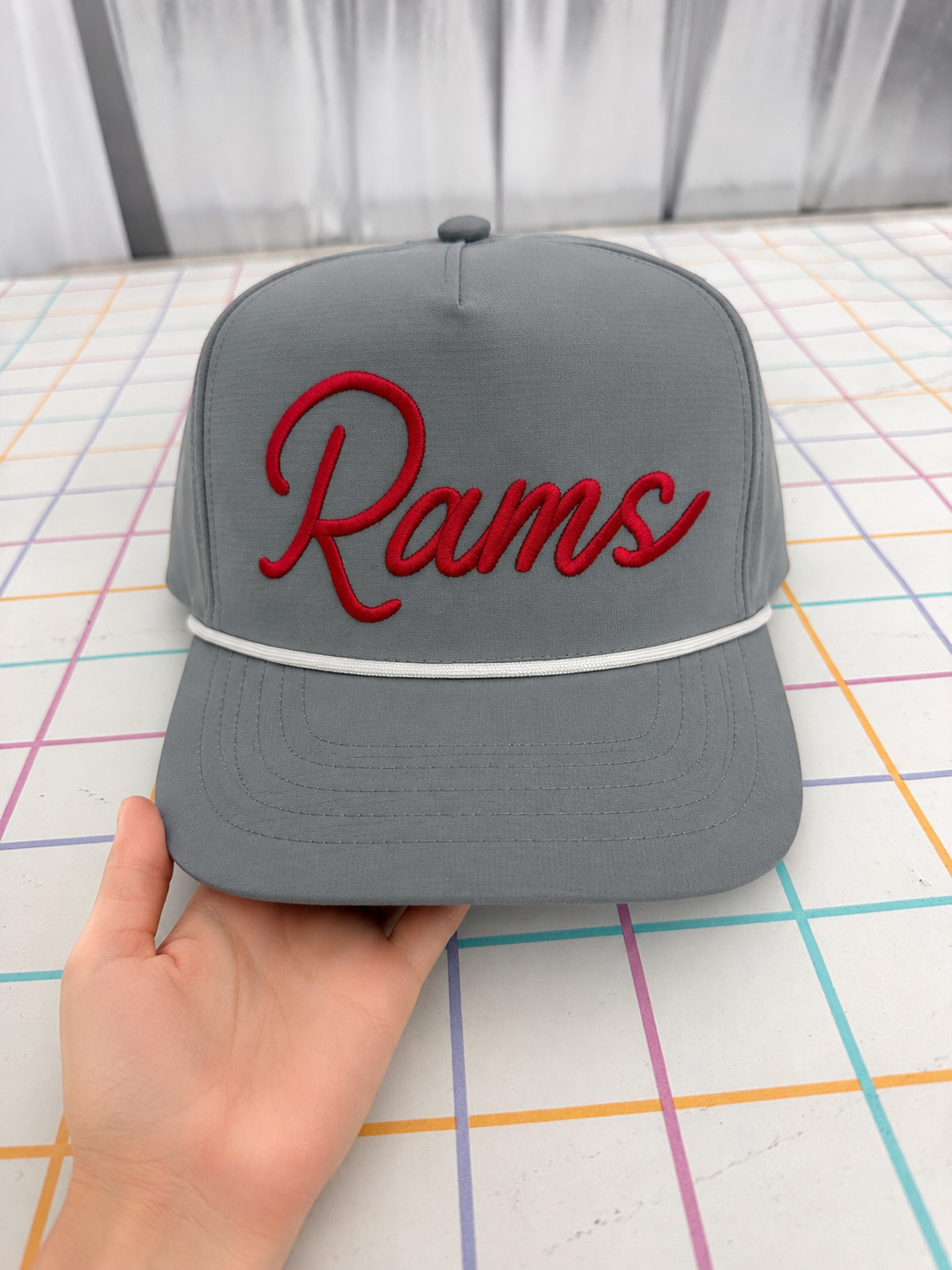 ORK5 - grey rope hat with Rams vintage font