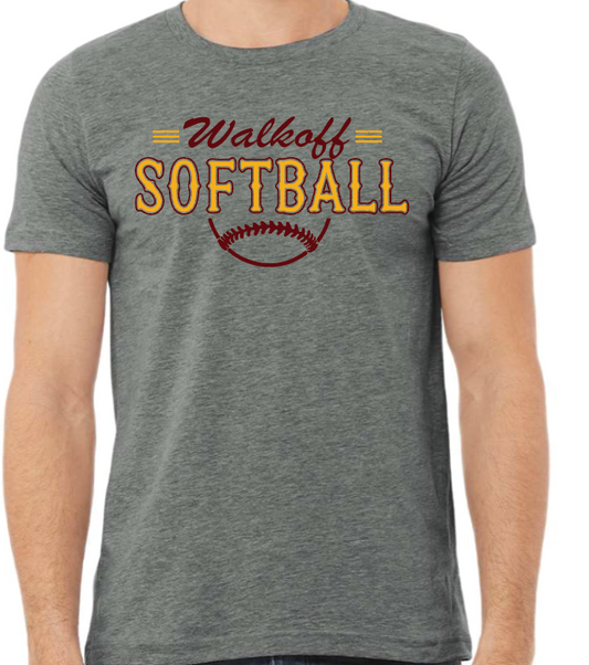 Adult grey t-shirt walkoff logo with softball