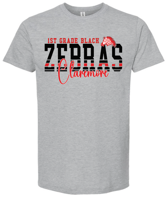 Adult grey claremore zebras 1st grade t-shirt - BLACK