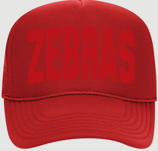 Red foam front trucker hat - ZEBRAS puff print - BLACK