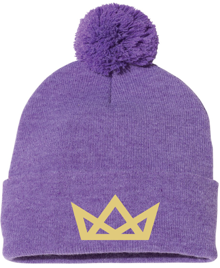 Purple pom pom bean embroidered with gold crown