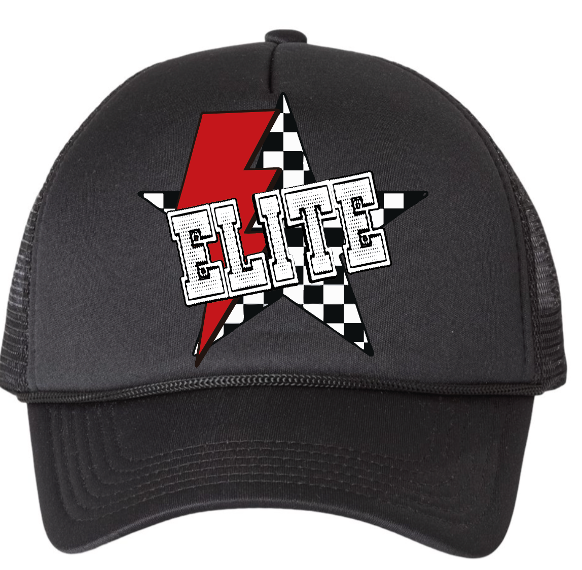 Elite checkered star bolt trucker hat