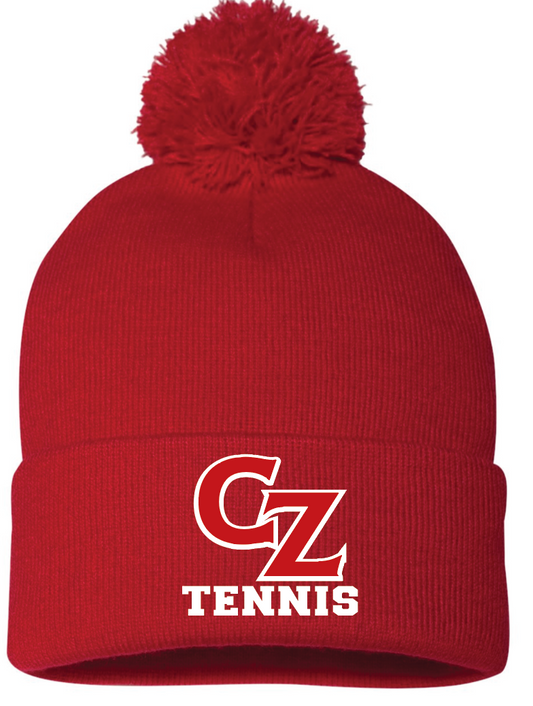 Red CZ tennis pompom beanie